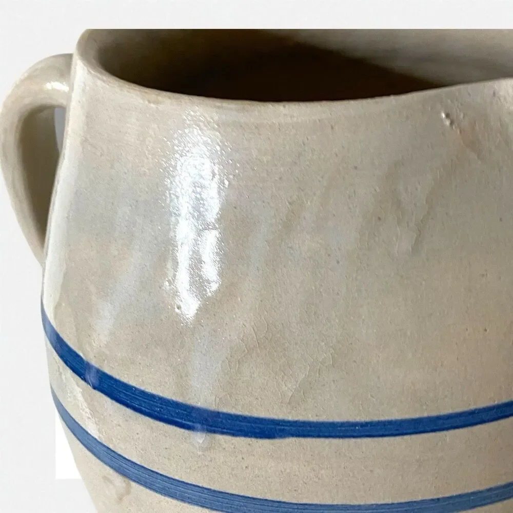 Vintage Glazed Stoneware Pottery Crock Pitcher Double Blue Band Utensil Holder